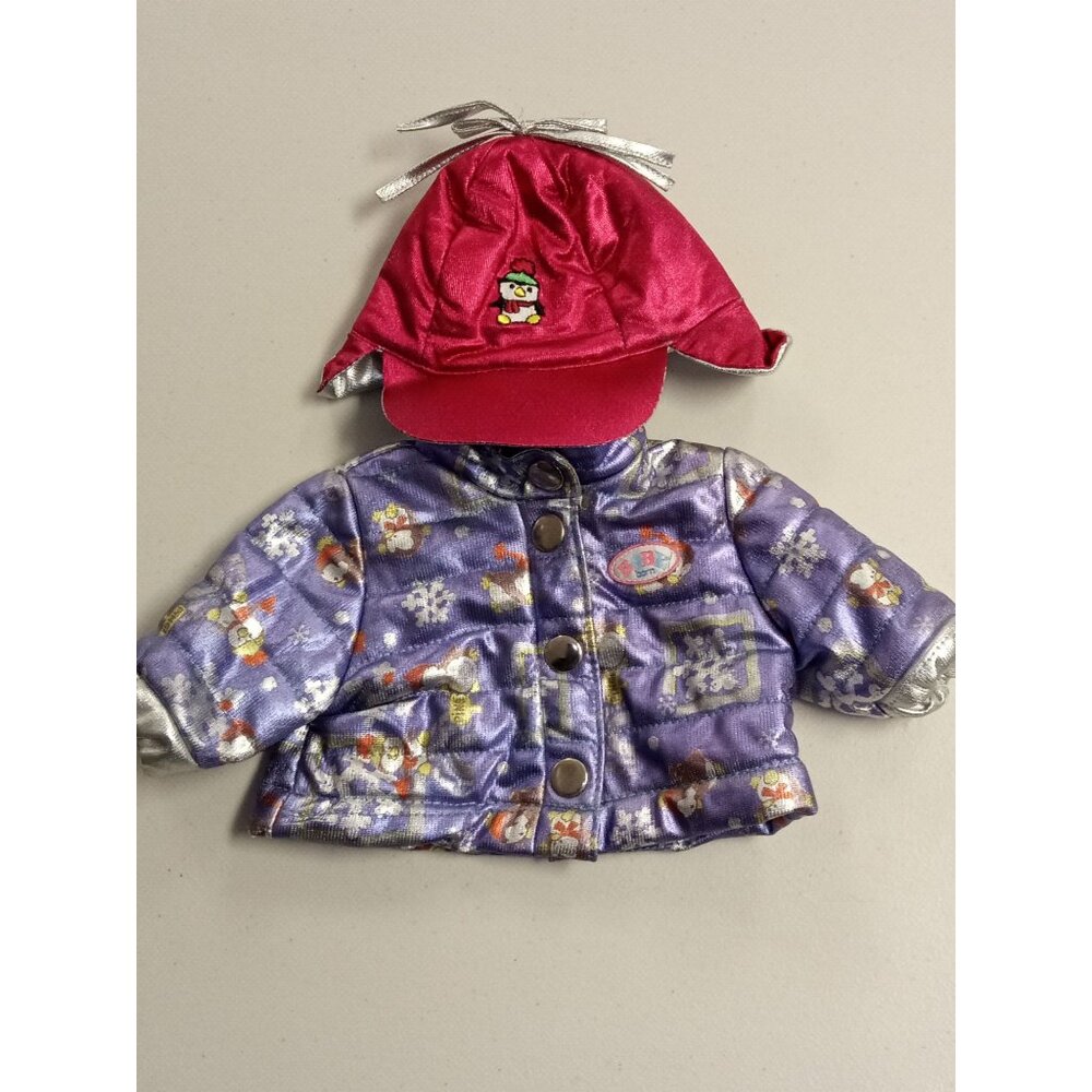 BabyBjorn Doll Purple Metallic Winter Puffer Jacket and Red Hat Outfit Set for 1
